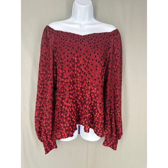 Lane Bryant Top Womens 3X Red Velvet Polka Dot Off Shoulder Flowy Long Sleeve - Picture 1 of 7